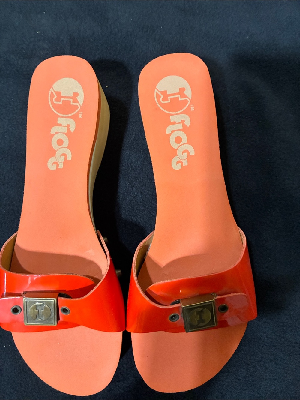 Vintage Flogg branded wooden Bright Orange Slip-On Sandals with Buckle Detail